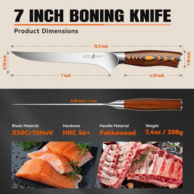 TUO سكين بونينغ TUO، سكين فيليه حادة بطول 7 بوصات لتقليم اللحم مع العظام، مقبض من خشب باكواود بتصميم خشبي، فولاذ ألماني عالي الكربون، صندوق هدايا متضمن - Image 3